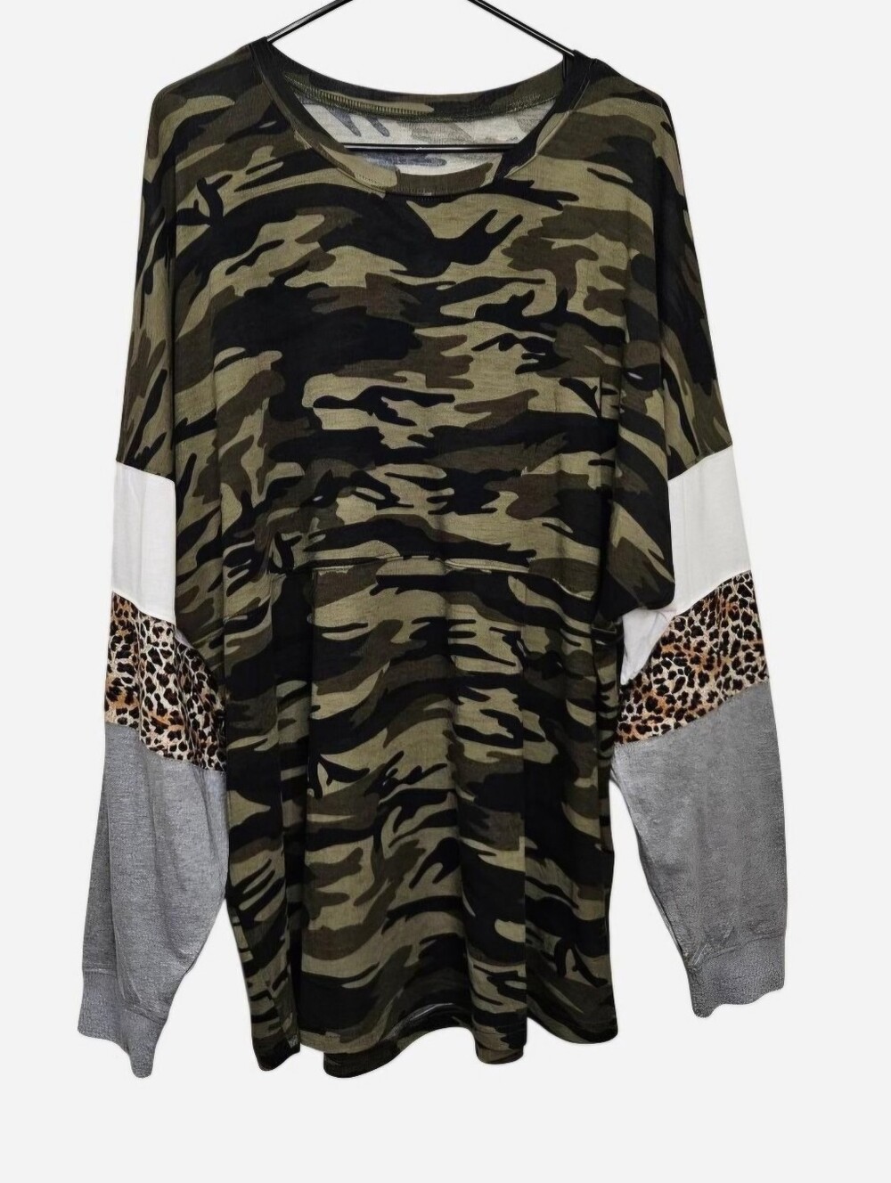 Sunshine & Rodeos Camouflage print with Leopard print on sleeves & gray panels